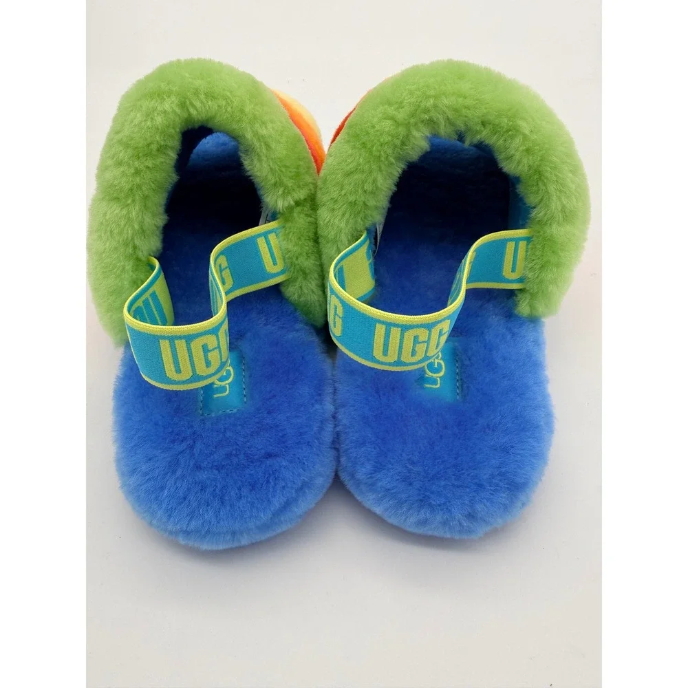 UGG Fluff Yeah Kids Rainbow Stripe Blue Faux Fur Slingback Summer Slides  Size 6